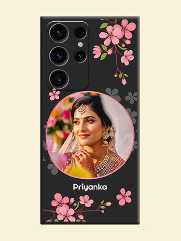 Round Image with Pink Color Floral Design on Photo on Space Black Soft Matte Back Cover - Samsung Galaxy S23 Ultra 5G