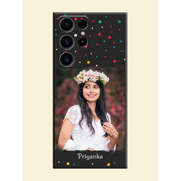 Multicolor Dotted Pattern with Text on Space Black Custom Soft Matte Phone Back Cover - Samsung Galaxy S23 Ultra 5G Multicolor Dotted Pattern with Text on Space Black Custom Soft Matte Phone Back Cover - Samsung Galaxy S23 Ultra 5G