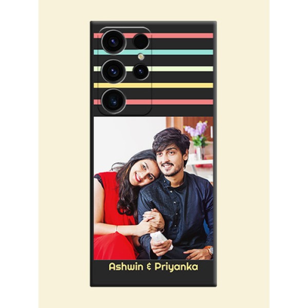 Color Stripes with Photo and Text on Photo on Space Black Soft Matte Mobile Case - Samsung Galaxy S23 Ultra 5G Color Stripes with Photo and Text on Photo on Space Black Soft Matte Mobile Case - Samsung Galaxy S23 Ultra 5G