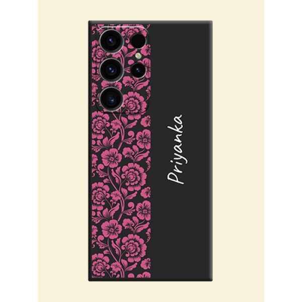 Pink Floral Pattern Design With Custom Text On Space Black Personalized Soft Matte Phone Covers -Samsung Galaxy S23 Ultra 5G Pink Floral Pattern Design With Custom Text On Space Black Personalized Soft Matte Phone Covers -Samsung Galaxy S23 Ultra 5G