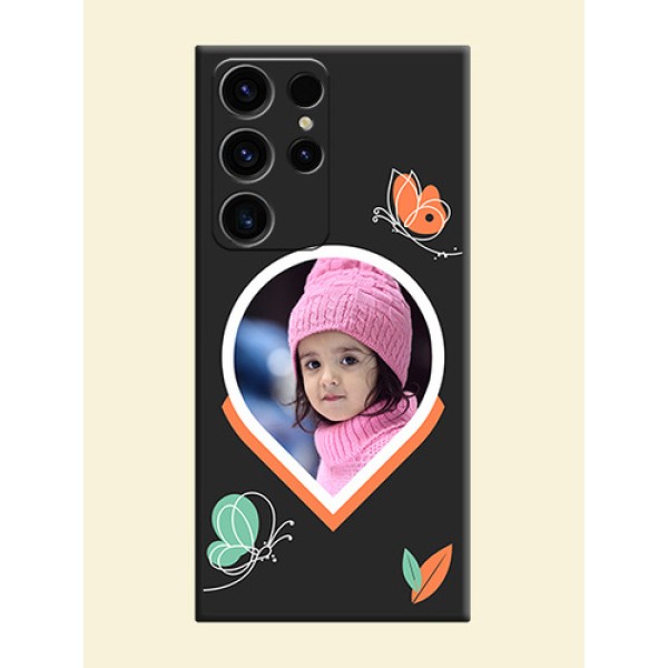 Upload Pic With Simple Butterly Design On Space Black Personalized Soft Matte Phone Covers -Samsung Galaxy S23 Ultra 5G Upload Pic With Simple Butterly Design On Space Black Personalized Soft Matte Phone Covers -Samsung Galaxy S23 Ultra 5G