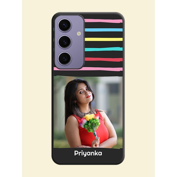 Multicolor Lines with Image on Space Black Personalized Soft Matte Phone Covers - Galaxy S24 5G Multicolor Lines with Image on Space Black Personalized Soft Matte Phone Covers - Galaxy S24 5G