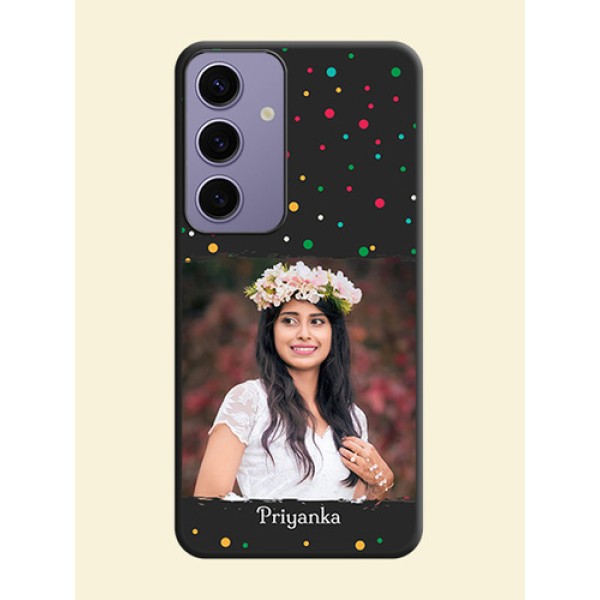 Multicolor Dotted Pattern with Text on Space Black Custom Soft Matte Phone Back Cover - Galaxy S24 5G Multicolor Dotted Pattern with Text on Space Black Custom Soft Matte Phone Back Cover - Galaxy S24 5G