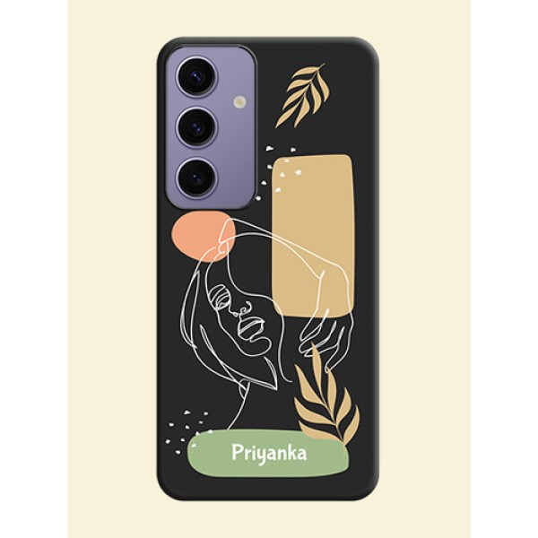 Custom Text With Line Art Of Women & Leaves Design On Space Black Personalized Soft Matte Phone Covers - Galaxy S24 5G
