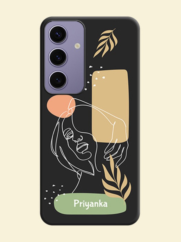 Custom Text With Line Art Of Women & Leaves Design On Space Black Personalized Soft Matte Phone Covers - Galaxy S24 5G