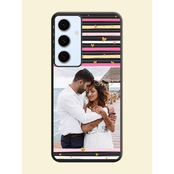 Multicolor Lines and Golden Love Symbols Design on Photo On Space Black Custom Soft Matte Mobile Back Cover - Galaxy S24 FE 5G