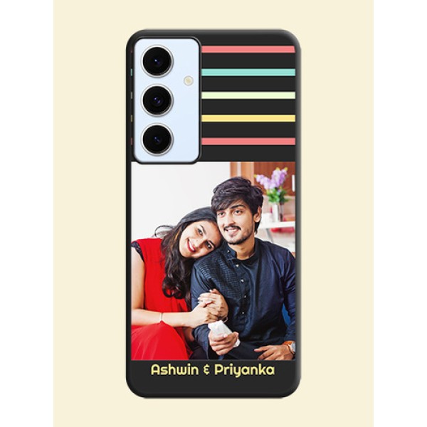 Color Stripes with Photo and Text on Photo On Space Black Custom Soft Matte Mobile Back Cover - Galaxy S24 FE 5G Color Stripes with Photo and Text on Photo On Space Black Custom Soft Matte Mobile Back Cover - Galaxy S24 FE 5G