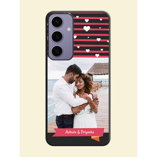 White Color Love Symbols with Pink Lines Pattern on Space Black Custom Soft Matte Phone Cases - Galaxy S24 Plus 5G