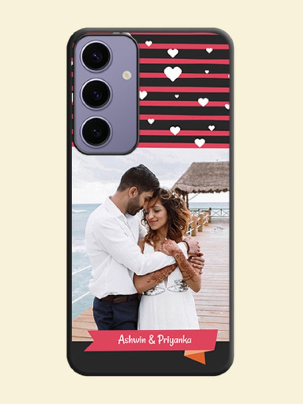 White Color Love Symbols with Pink Lines Pattern on Space Black Custom Soft Matte Phone Cases - Galaxy S24 Plus 5G