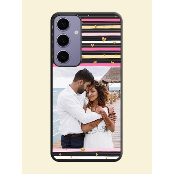 Multicolor Lines and Golden Love Symbols Design - Photo on Space Black Soft Matte Mobile Cover - Galaxy S24 Plus 5G