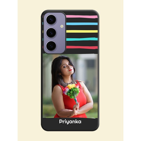 Multicolor Lines with Image on Space Black Personalized Soft Matte Phone Covers - Galaxy S24 Plus 5G Multicolor Lines with Image on Space Black Personalized Soft Matte Phone Covers - Galaxy S24 Plus 5G