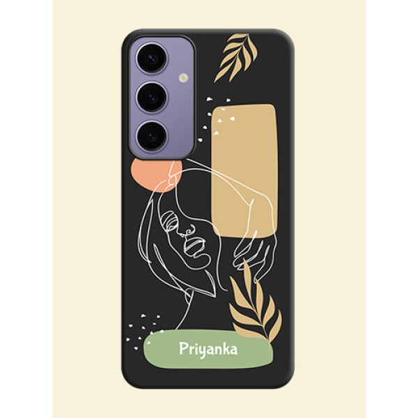 Custom Text With Line Art Of Women & Leaves Design On Space Black Personalized Soft Matte Phone Covers - Galaxy S24 Plus 5G