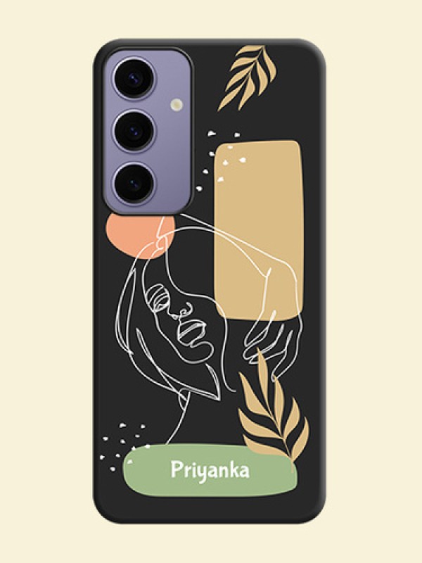 Custom Text With Line Art Of Women & Leaves Design On Space Black Personalized Soft Matte Phone Covers - Galaxy S24 Plus 5G