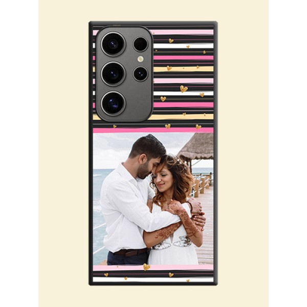Multicolor Lines and Golden Love Symbols Design - Photo on Space Black Soft Matte Mobile Cover - Galaxy S24 Ultra 5G