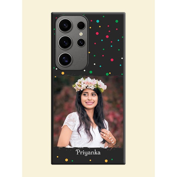 Multicolor Dotted Pattern with Text on Space Black Custom Soft Matte Phone Back Cover - Galaxy S24 Ultra 5G Multicolor Dotted Pattern with Text on Space Black Custom Soft Matte Phone Back Cover - Galaxy S24 Ultra 5G