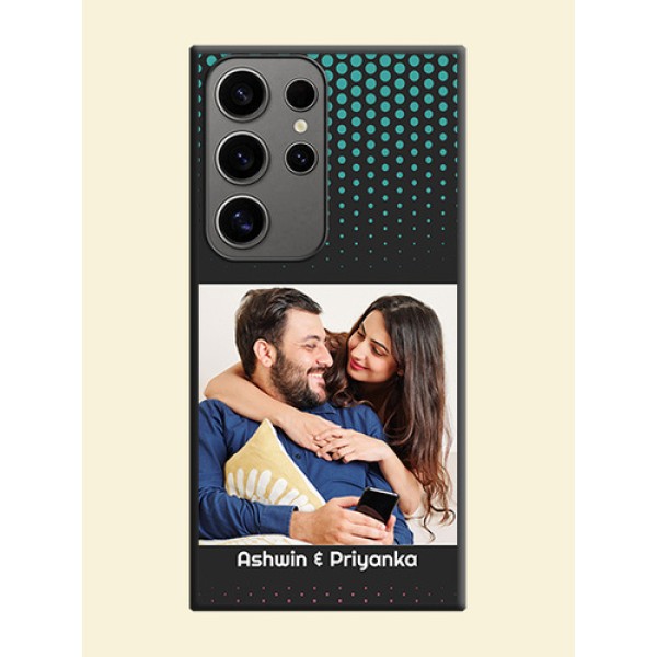 Faded Dots with Grunge Photo Frame and Text on Space Black Custom Soft Matte Phone Cases - Galaxy S24 Ultra 5G Faded Dots with Grunge Photo Frame and Text on Space Black Custom Soft Matte Phone Cases - Galaxy S24 Ultra 5G