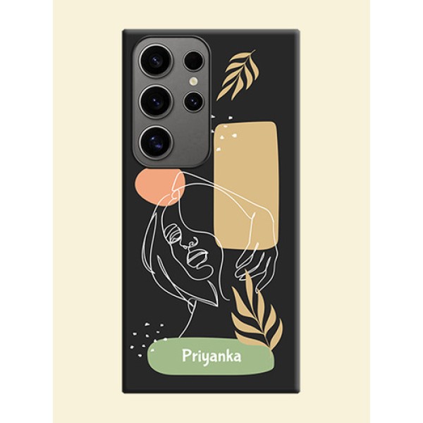 Custom Text With Line Art Of Women & Leaves Design On Space Black Personalized Soft Matte Phone Covers - Galaxy S24 Ultra 5G