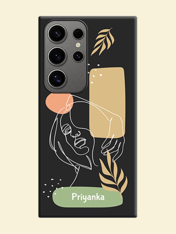 Custom Text With Line Art Of Women & Leaves Design On Space Black Personalized Soft Matte Phone Covers - Galaxy S24 Ultra 5G