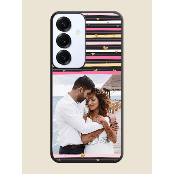 Multicolor Lines and Golden Love Symbols Design on Photo On Space Black Custom Soft Matte Mobile Back Cover - Galaxy S25 5G