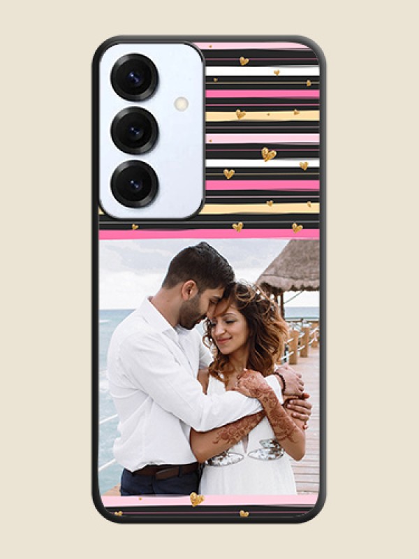 Multicolor Lines and Golden Love Symbols Design on Photo On Space Black Custom Soft Matte Mobile Back Cover - Galaxy S25 5G