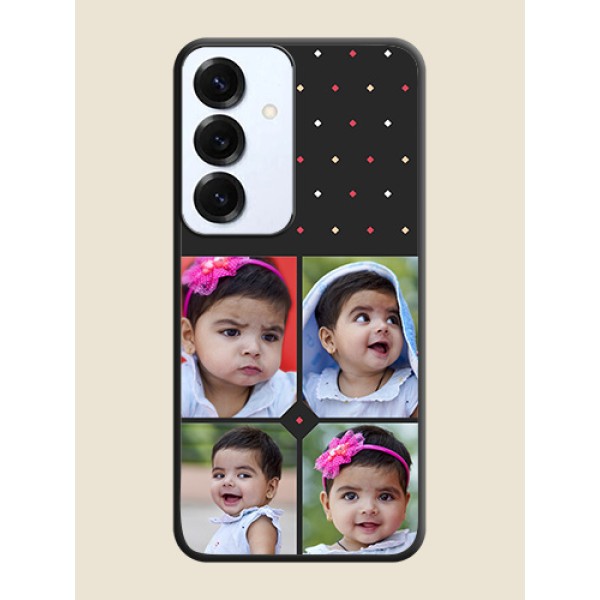 Multicolor Dotted Pattern with 4 Image Holder On Space Black Custom Soft Matte Mobile Back Cover - Galaxy S25 5G Multicolor Dotted Pattern with 4 Image Holder On Space Black Custom Soft Matte Mobile Back Cover - Galaxy S25 5G