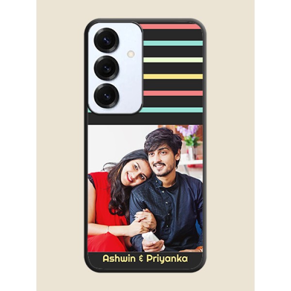 Color Stripes with Photo and Text on Photo On Space Black Custom Soft Matte Mobile Back Cover - Galaxy S25 5G Color Stripes with Photo and Text on Photo On Space Black Custom Soft Matte Mobile Back Cover - Galaxy S25 5G
