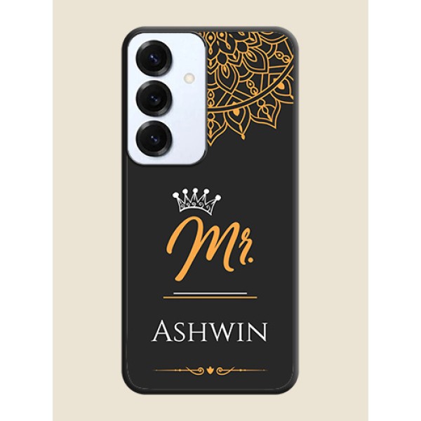 Mr Name with Floral Design On Space Black Custom Soft Matte Mobile Back Cover - Galaxy S25 5G