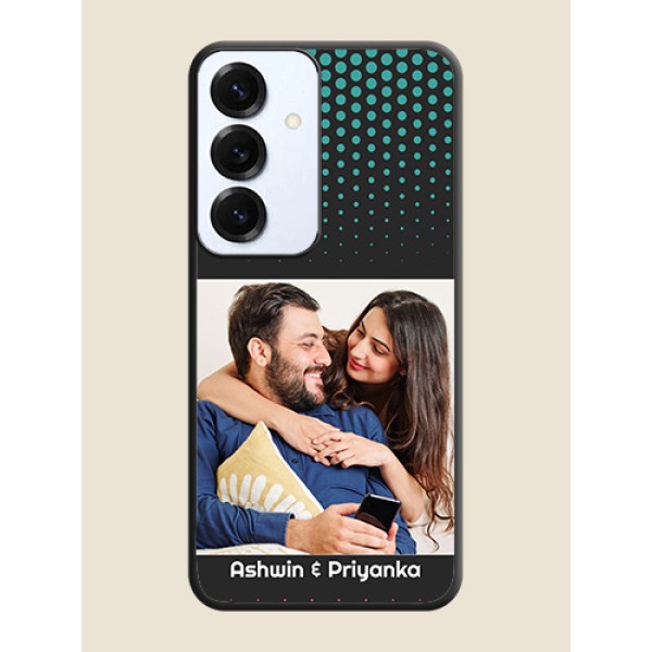Faded Dots with Grunge Photo Frame and Text On Space Black Custom Soft Matte Mobile Back Cover - Galaxy S25 5G Faded Dots with Grunge Photo Frame and Text On Space Black Custom Soft Matte Mobile Back Cover - Galaxy S25 5G