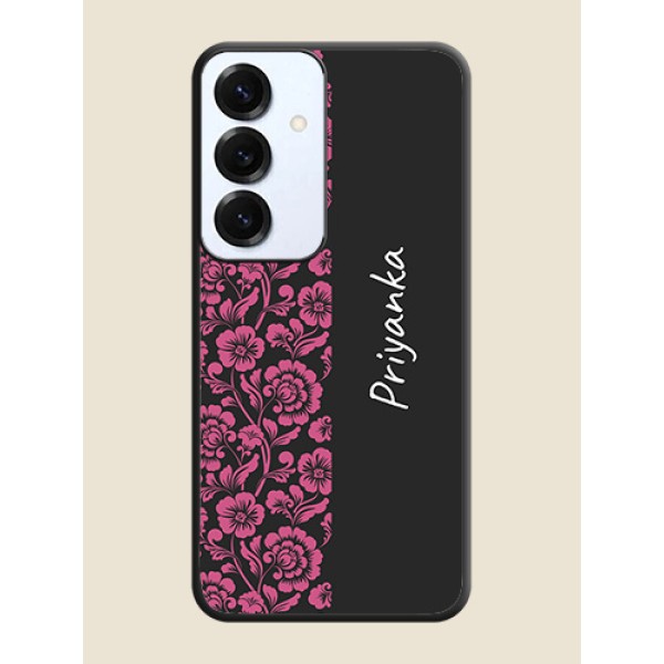 Pink Floral Pattern Design With Custom Text On Space Black Custom Soft Matte Mobile Back Cover - Galaxy S25 5G Pink Floral Pattern Design With Custom Text On Space Black Custom Soft Matte Mobile Back Cover - Galaxy S25 5G