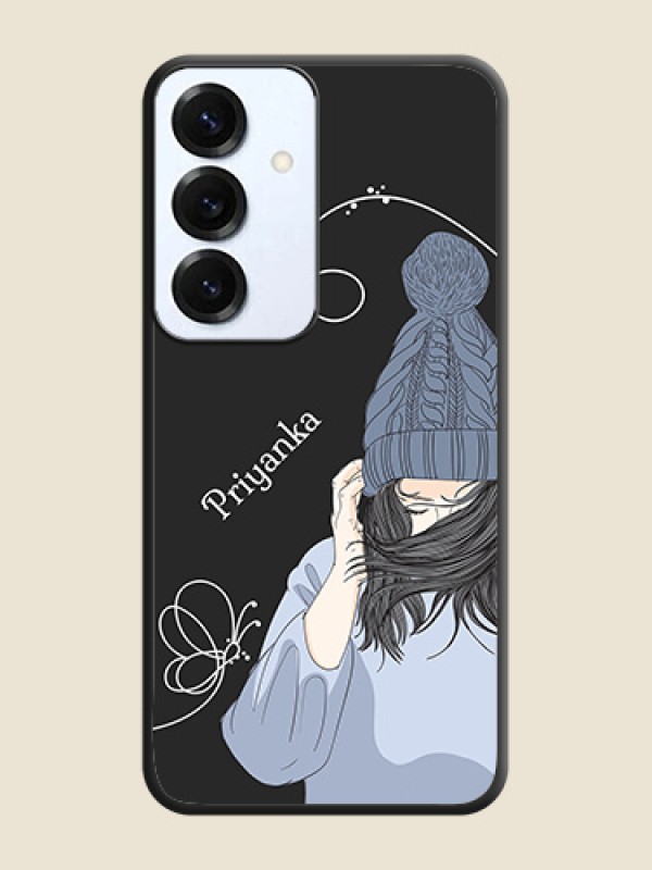 Girl With Blue Winter Outfiit Custom Text Design On Space Black Custom Soft Matte Mobile Back Cover - Galaxy S25 5G