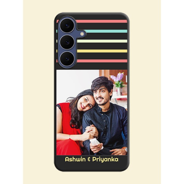 Color Stripes with Photo and Text on Photo On Space Black Custom Soft Matte Mobile Back Cover - Samsung Galaxy S25 FE 5G Color Stripes with Photo and Text on Photo On Space Black Custom Soft Matte Mobile Back Cover - Samsung Galaxy S25 FE 5G