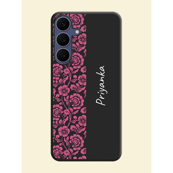 Pink Floral Pattern Design With Custom Text On Space Black Custom Soft Matte Mobile Back Cover - Samsung Galaxy S25 FE 5G Pink Floral Pattern Design With Custom Text On Space Black Custom Soft Matte Mobile Back Cover - Samsung Galaxy S25 FE 5G