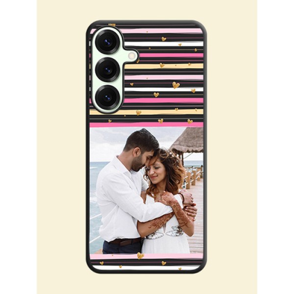 Multicolor Lines and Golden Love Symbols Design on Photo On Space Black Custom Soft Matte Mobile Back Cover - Galaxy S25 Plus 5G