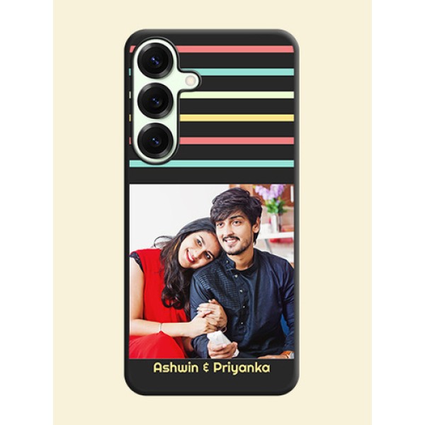 Color Stripes with Photo and Text on Photo On Space Black Custom Soft Matte Mobile Back Cover - Galaxy S25 Plus 5G Color Stripes with Photo and Text on Photo On Space Black Custom Soft Matte Mobile Back Cover - Galaxy S25 Plus 5G