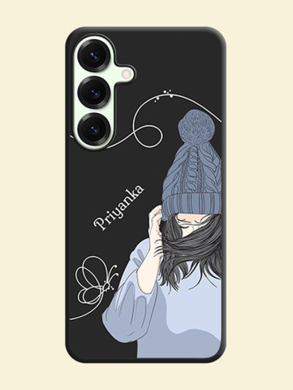 Girl With Blue Winter Outfiit Custom Text Design On Space Black Custom Soft Matte Mobile Back Cover - Galaxy S25 Plus 5G