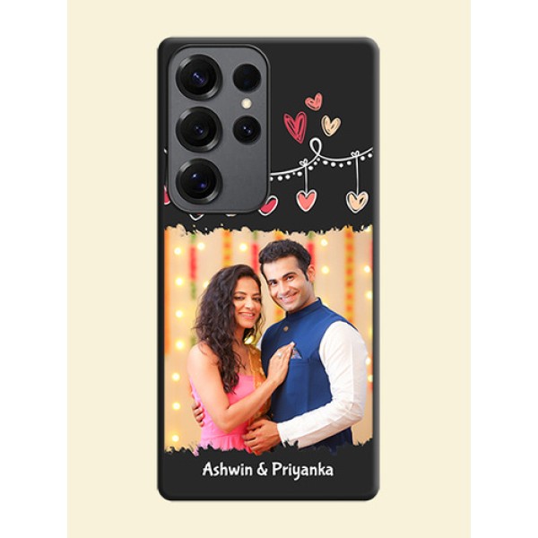 Pink Love Hangings with Name On Space Black Custom Soft Matte Mobile Back Cover - Galaxy S25 Ultra 5G Pink Love Hangings with Name On Space Black Custom Soft Matte Mobile Back Cover - Galaxy S25 Ultra 5G