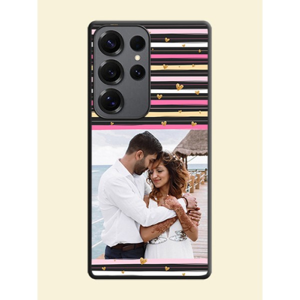 Multicolor Lines and Golden Love Symbols Design on Photo On Space Black Custom Soft Matte Mobile Back Cover - Galaxy S25 Ultra 5G