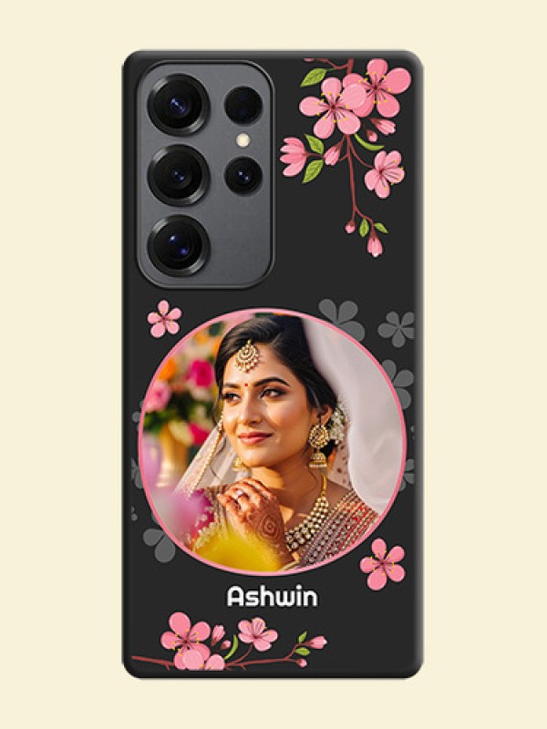 Round Image with Pink Color Floral Design on Photo On Space Black Custom Soft Matte Mobile Back Cover - Galaxy S25 Ultra 5G