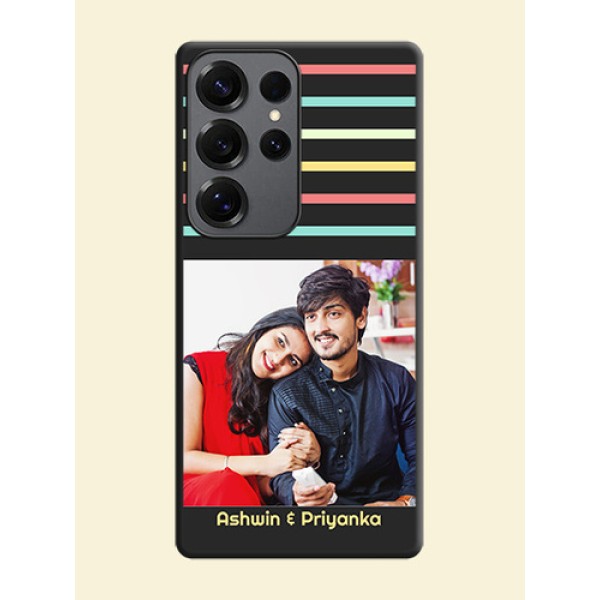 Color Stripes with Photo and Text on Photo On Space Black Custom Soft Matte Mobile Back Cover - Galaxy S25 Ultra 5G Color Stripes with Photo and Text on Photo On Space Black Custom Soft Matte Mobile Back Cover - Galaxy S25 Ultra 5G