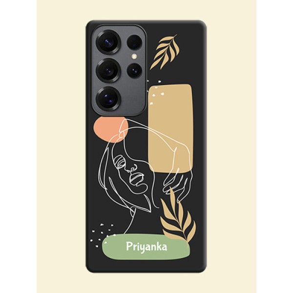 Custom Text With Line Art Of Women & Leaves Design On Space Black Custom Soft Matte Mobile Back Cover - Galaxy S25 Ultra 5G Custom Text With Line Art Of Women & Leaves Design On Space Black Custom Soft Matte Mobile Back Cover - Galaxy S25 Ultra 5G