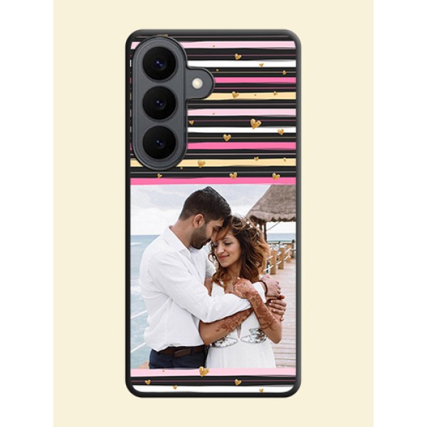 Multicolor Lines and Golden Love Symbols Design on Photo On Space Black Custom Soft Matte Mobile Back Cover - Samsung Galaxy S26 5G