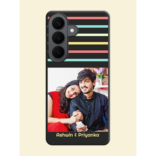 Color Stripes with Photo and Text on Photo On Space Black Custom Soft Matte Mobile Back Cover - Samsung Galaxy S26 5G Color Stripes with Photo and Text on Photo On Space Black Custom Soft Matte Mobile Back Cover - Samsung Galaxy S26 5G