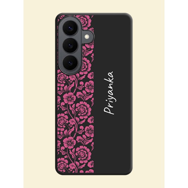 Pink Floral Pattern Design With Custom Text On Space Black Custom Soft Matte Mobile Back Cover - Samsung Galaxy S26 5G Pink Floral Pattern Design With Custom Text On Space Black Custom Soft Matte Mobile Back Cover - Samsung Galaxy S26 5G