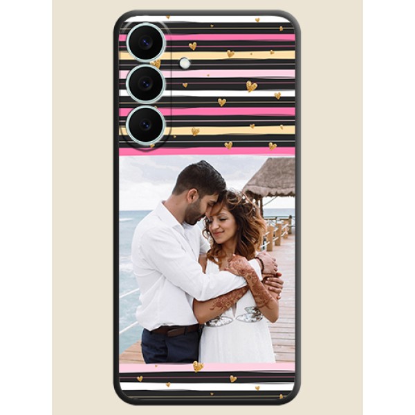 Multicolor Lines and Golden Love Symbols Design on Photo On Space Black Custom Soft Matte Mobile Back Cover - Samsung Galaxy S26 FE 5G
