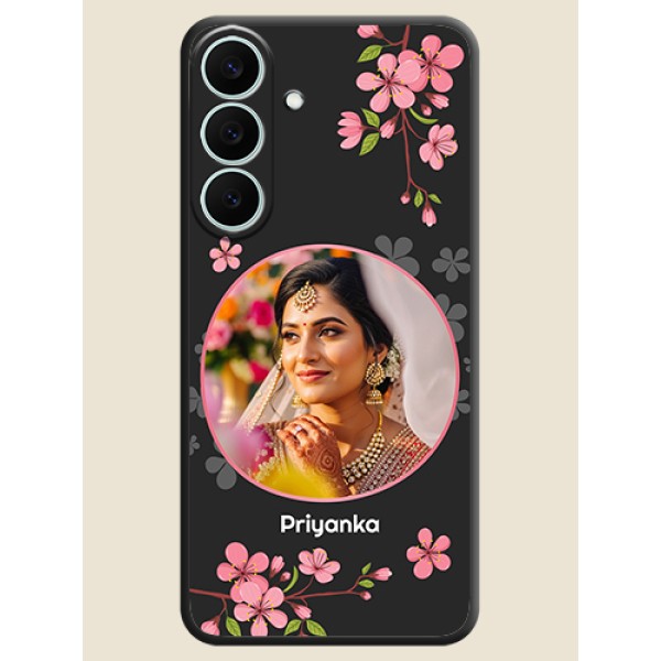 Round Image with Pink Color Floral Design on Photo On Space Black Custom Soft Matte Mobile Back Cover - Samsung Galaxy S26 FE 5G Round Image with Pink Color Floral Design on Photo On Space Black Custom Soft Matte Mobile Back Cover - Samsung Galaxy S26 FE 5G