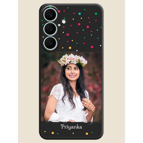 Multicolor Dotted Pattern with Text On Space Black Custom Soft Matte Mobile Back Cover - Samsung Galaxy S26 FE 5G Multicolor Dotted Pattern with Text On Space Black Custom Soft Matte Mobile Back Cover - Samsung Galaxy S26 FE 5G