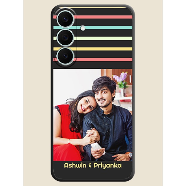 Color Stripes with Photo and Text on Photo On Space Black Custom Soft Matte Mobile Back Cover - Samsung Galaxy S26 FE 5G Color Stripes with Photo and Text on Photo On Space Black Custom Soft Matte Mobile Back Cover - Samsung Galaxy S26 FE 5G