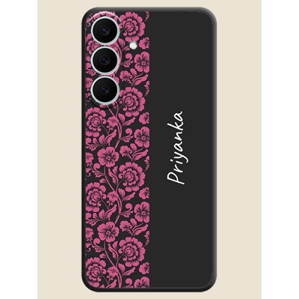 Pink Floral Pattern Design With Custom Text On Space Black Custom Soft Matte Mobile Back Cover - Samsung Galaxy S26 FE 5G Pink Floral Pattern Design With Custom Text On Space Black Custom Soft Matte Mobile Back Cover - Samsung Galaxy S26 FE 5G