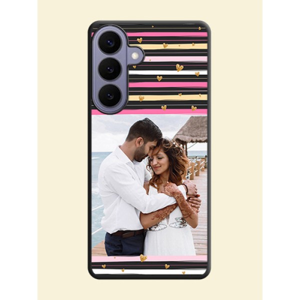 Multicolor Lines and Golden Love Symbols Design on Photo On Space Black Custom Soft Matte Mobile Back Cover - Samsung Galaxy S26 Plus 5G