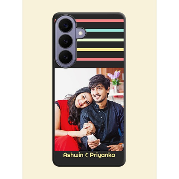 Color Stripes with Photo and Text on Photo On Space Black Custom Soft Matte Mobile Back Cover - Samsung Galaxy S26 Plus 5G Color Stripes with Photo and Text on Photo On Space Black Custom Soft Matte Mobile Back Cover - Samsung Galaxy S26 Plus 5G